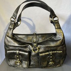 Charlie Lapson Shoulder Bag. Magnetic Closure, Two Front Pockets. Condition: Open Item/Never Used Color: Snake Metallic Gold Shoulder Bag With Palladium Hardware, Metallic Shoulder Bag With Silver-tone Hardware, Silver Rectangular Bag With Magnetic Closure, Rectangular Silver Bag With Magnetic Closure, Formal Silver Shoulder Bag With Gold-tone Hardware, Metallic Rectangular Bag With Silver-tone Hardware, Metallic Tote Shoulder Bag For Formal Occasions, Formal Metallic Tote Shoulder Bag, Evening Silver Shoulder Bag With Gold-tone Hardware