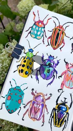 a person holding up an open notebook with colorful bugs on it and flowers in the background