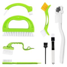 the toothbrush, brush, and other items are arranged on a white background with clippings