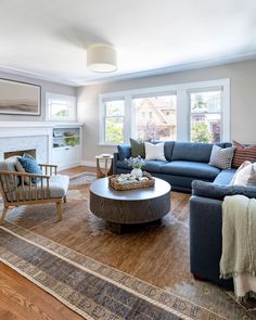 a living room filled with furniture and a fire place in the middle of a room