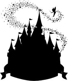 a black and white silhouette of a castle with stars in the sky above it,