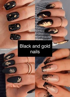 Nail Designs Fall Wedding, Black Nails Gold Stripe, Black And Golden Nails Design, Black And Gold Nails For Hoco, Black And Gold Nails Ideas Short, Black Gold Gel Nails, Nails Inspiration Black And Gold, Gold Nails With Black Design, Wedding Guest Nails Acrylic