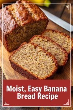 Freshly baked moist banana bread loaf with a slice cut, showcasing the easy banana bread recipe in the image, perfect for anyone wanting a delicious banana bread recipe. Nut Bread Recipes, Low Sugar Banana Bread, Desserts Banana, Walnut Dessert, Recipe Banana Bread, Cinnamon Banana Bread, Delicious Banana Bread Recipe, Banana Bread Loaf, Delicious Banana Bread