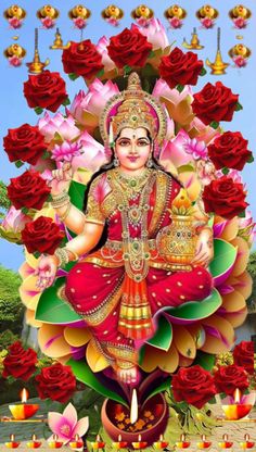 the hindu god is surrounded by red roses and candles in front of a blue sky