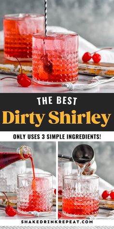 The Dirty Shirley cocktail is a vodka spiked twist on the classic Shirley Temple mocktail. The bright red mixed drink is fizzy and refreshing. Simple Red Alcoholic Drinks, Big Red Drink, Sherly Temple Drink Recipe Alcohol, Ciroc Red Berry Drinks Recipes, Sheryl Temple Drink, Red Alcoholic Drinks Parties, Easy Red Cocktails, Spiked Shirley Temple, Red Vodka Cocktails