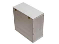 a wooden box sitting on top of a white floor