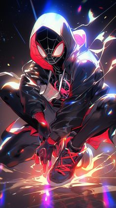 a spider - man sitting on top of a skateboard in front of bright lights