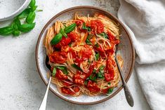 a plate of spaghetti with tomato sauce and basil