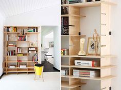 two pictures side by side with bookshelves and shelves