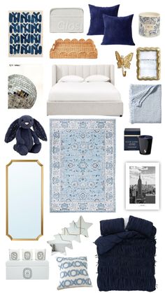 a collage of blue and white items including a bed, mirror, rugs, pillows, pictures, etc