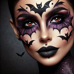 Dive into the enchanting world of gothic beauty with this mesmerizing bat-themed makeup. Featuring intricate bat designs around the eyes and forehead, this look is perfect for Halloween or any mystical event. The bold use of deep blacks, purples, and a hint of glitter adds a captivating and dramatic touch. Set against a simple dark background, this makeup truly stands out, embodying the essence of gothic artistry and spooky elegance.  #GothicMakeup #BatMakeup #HalloweenLook #MysticalBeauty #DramaticMakeup #FantasyArt #SpookyGlam #MakeupInspiration Dramatic Halloween Makeup, Halloween Makeup Gothic, Halloween Bat Makeup Ideas, Halloween Theme Makeup, Bat Makeup Women, Bat Face Makeup, Cool Halloween Makeup Creative, Freakshow Makeup, Halloween Makeup 2024