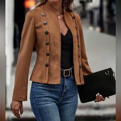 Solid Double Breasted Button Decor Jacket, Vintage Long Sleeve Outwear For Spring & Fall, Women's Clothing. Military Style High End, Luxury, Chic, Elegant, Blazer, Blouse, Louboutin, Suede, Burberry, Gold, Gucci, Casual, Louis Vuitton, Coats, Fendi, Attire, Maxi Dress, Poplin, Dress, Wide Leg Pants, Crop Top, Lace, Suede, Military, Gold, Pearl, Clutch, Designer, Blazer, Lady Jacket, Palazzo, Premium, J.Crew, Cardigan, Banana Republic, Cartier, Scarves, Crossbody Bags,Gg Belt, Gg, Double Ring, Di Suede Fashion, Casual Vest, Double Breasted Jacket, Long Sleeves Jacket, Suede Jacket, Short Jacket, Casual Jacket, Vest Jacket, Double Breasted