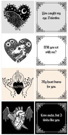 four different valentine's day cards with black and white designs