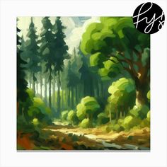 an oil painting of trees in the woods