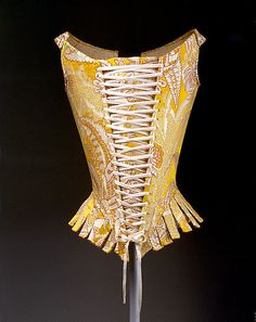 Corset, Italy, 1770s. Yellow silk brocade with floral design. Front and back lacing. 18th Century Stays, Lace Tights, Vintage Corset, Period Outfit