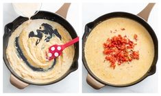 two images showing the process of making dips in pans with red and white utensils