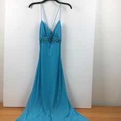 Long,Turq., Heavily Jeweled And Sequined Front Panel, Lined, Low V Tie Back, Hand Wash Or Dry Clean, Never Worn. Mermaid Board, Chappell Roan, Weezer, Aqua Dress, Turquoise Color, Fancy Dresses, Tie Back, Dress Long, Bright Blue