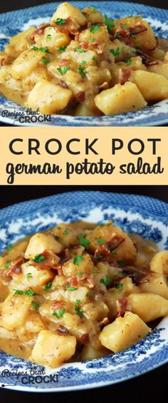 crock pot german potato salad on a blue and white plate with text overlay