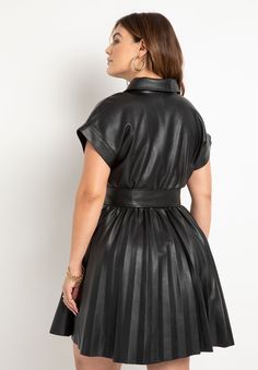 Fall Pleated A-line Mini Dress, Fall A-line Pleated Mini Dress, Fall A-line Pleated Dress With Pleated Waist, Spring Faux Leather Belted Dress, A-line Pleated Dress With Pleated Hem For Fall, Casual Pleated Mini Dress For Office, Casual Pleated Dress For Date Night, Pleated Mini Dress With Short Sleeves For Night Out, Pleated Knee-length Mini Dress For Fall