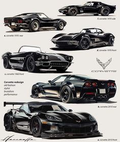 four different types of cars are shown in this graphic art print, with the names and description