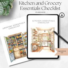 the kitchen and grocery essentials checklist is shown in front of an open book