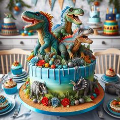 a birthday cake decorated with dinosaurs and cupcakes