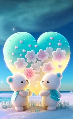 two teddy bears standing next to each other with a heart shaped balloon in the background