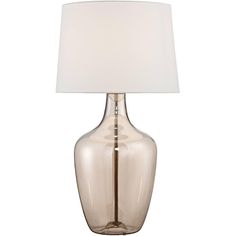 a glass table lamp with a white shade