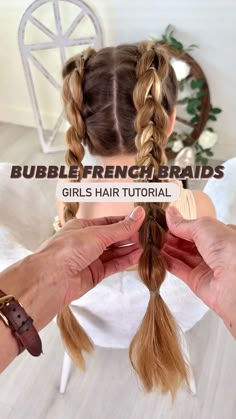 Mia Belle Girls | Bubble french braids 💁‍♀️✨ Who would try this hairstyle out? ⬇️ . #kidshairstyles #kidshair #kidshairstyle #kidsbraids #kidsbraidstyles… | Instagram French Bubble Braid Pigtails, Inside Out Bubble Braid, Fun Bubble Braid Hairstyles, Bubble French Braids Tutorial, Different Bubble Braids, Loose Bubble Braid, Bubble French Braid Hairstyles, Girls Bubble Braid Pigtails, Cool Hairstyles Braids