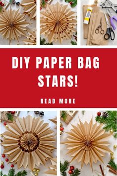 the instructions to make a paper bag stars for christmas tree decorations are shown in this collage