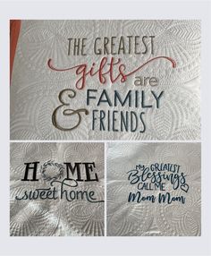 four different handmade quilts with the words'the greatest gifts are family and friends '