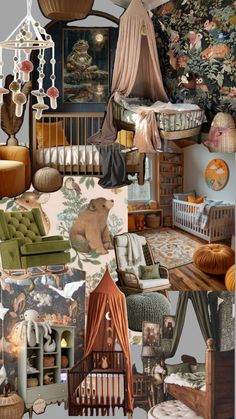 a collage of baby cribs, furniture and other items in various colors