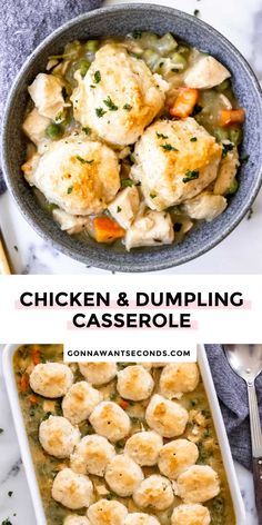 chicken and dumpling casserole in a bowl with spoons on the side