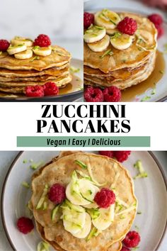 the cover of zucchini pancakes with raspberries and bananas on top is shown