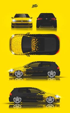 three different cars are shown in this graphic art work, one is black and the other is yellow