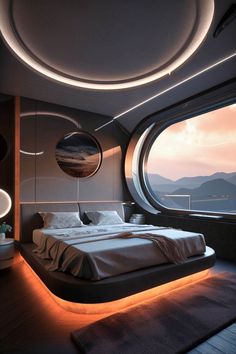 a large bed sitting in the middle of a bedroom next to a window with mountains outside