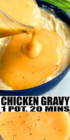 chicken gravy in a blue bowl with green onions and celery on the side