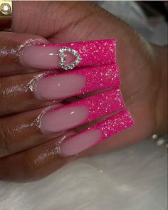 Silver French Tip Nails, French Tip Nails Ideas, Silver French Tip, Bright Pink Nails, Pink French Nails, Silver Nail Designs, Sugar Nails, Silver Glitter Nails, Pink Ombre Nails