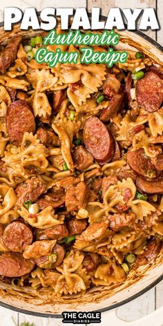 the pasta dish is made with sausage, pepperoni and other toppings in a skillet