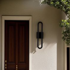 a door with a black handle on it next to a white wall and potted plant