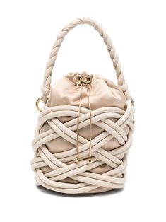 beige faux leather caged design top drawstring fastening single braided top handle main compartment removable pouch metal feet Single Braid, Diy Bag Designs, Chunky Knit Blanket, Latest Fashion Design, Macrame Bag, Online Shopping For Women, Medium Bags, Diy Bag, Light Beige