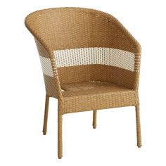 a wicker chair with white stripes on it