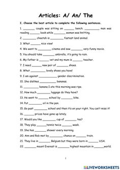 the worksheet for writing articles in an english language, with words and pictures on it