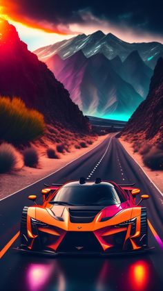 an orange sports car driving down a desert road with mountains in the background at night