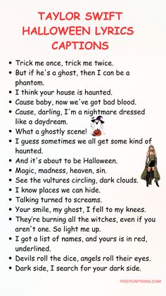 a poem written in red and black with the words taylor swift, halloween lyrcs captions