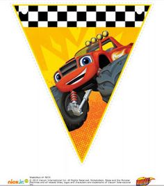 a red monster truck is in the middle of a triangle shaped banner with black and white checkered border