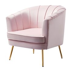 a pink chair with gold legs on a white background