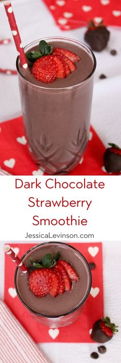 chocolate strawberry smoothie with strawberries in a glass on a red and white tablecloth