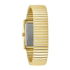 Create a sophisticated look with ease when you wear this men's Caravelle by Bulova gold-toned dress watch with a rectangular black dial. The easy-to-read black dial features gold-toned hands and Arabic numeral markers. 30.0mm rectangular gold-toned ion-plated stainless steel case with curved mineral crystal Japanese quartz movement keeps accurate time. The expanding gold-toned stainless steel link bracelet stretches to fit most wrists. Water resistant to 30 meters, this watch includes a 3-year limited manufacturer's warranty. We are an authorized Bulova dealer. Gold Watch Bands With Rectangular Dial For Formal Occasions, Gold Watches With Bracelet Strap And Rectangular Dial, Yellow Gold Analog Watch With Rectangular Dial, Yellow Gold Analog Watches With Rectangular Dial, Yellow Gold Watches With Rectangular Dial, Gold Watch Accessories With Rectangular Analog Dial, Gold Rectangular Watch With Analog Display, Gold Business Watch With Bracelet Strap, Gold Bracelet Strap Watch Band For Business