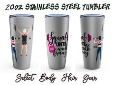 three stainless steel tumblers with different designs on them and the words, sport until you're busy